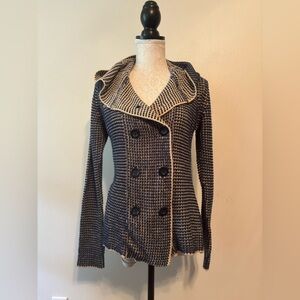 Double-Breasted Hooded Knit Blazer in Navy and Cream